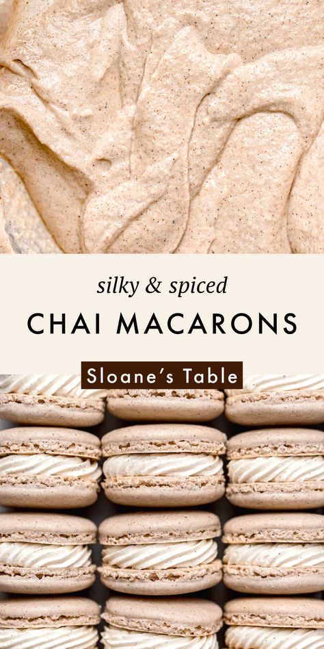 Chai Spice Macarons, Macaroons Recipe Flavors, High Altitude Macarons, Fall Flavored French Macarons, Chai Macarons Recipe, Macaroon Flavor Ideas, Baking Flavor Combinations, Cinnamon Roll Macarons, Macaron Filling Flavors