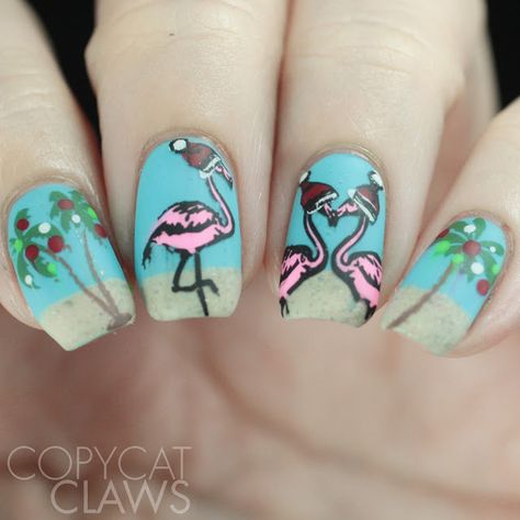 Beach Holiday Nails, Flamingo Nails, Beach Nail Art, Santa Nails, Tropical Nails, Tropical Christmas, Flamingo Christmas, July Nails, Santa Hats