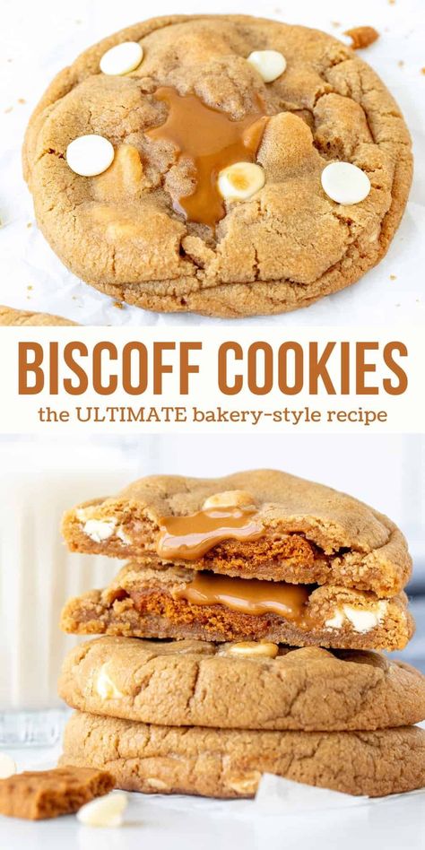 These Biscoff cookies are the ULTIMATE cookies if you love the creamy cookie butter spread. Biscoff gets mixed into the cookie dough, then each cookie is stuffed with a Lotus biscuit  and even more Biscoff. You end up with big, bakery-style cookies that are loaded with white chocolate chips and oozing with cookie butter in the middle. #cookiebutter #biscoff #stuffedcookies #biscoffcookies #biscoffstuffedcookies from Just So Tasty Bischoff Cookie Butter Recipes, Cookie Butter Recipes, Biscoff Desserts, Thanksgiving Desert, Biscoff Cookie Recipe, Specialty Cookies, Lotus Biscuits, Biscoff Recipes, Crumble Cookies