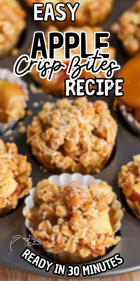 Easy Apple Crisp Bites Recipe Apple Pie Crisp Bites, Apple Crisp Muffin Tin, Apple Crisp Bites Recipe With Oats, Apple Crisp Muffins Easy, Apple Crisp Cupcakes Recipe, Easy Apple Pie Bites, Muffin Tin Apple Crisp, Apple Crisp In Muffin Tins, Mini Apple Crisp Muffin Tins