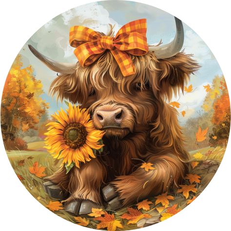 Adorn your home with the charm of the highlands during fall with our "Autumn Highland Cow" metal wreath sign. This delightful sign features a shaggy Highland cow, complete with a cheerful plaid bow and a sunflower, against a backdrop of autumn leaves and trees. The warm hues and pastoral scene create a cozy, inviting atmosphere, perfect for welcoming guests during the harvest season or adding a touch of rustic elegance to any room. 8", 10", 11.75" Choose size Highland Cow Art Drawings, Highland Cow Sublimation Designs, Subliminal Design, Cow Cartoon Images, Highland Cow Pictures, Farm Animal Paintings, Western Journal, Highland Cow Art