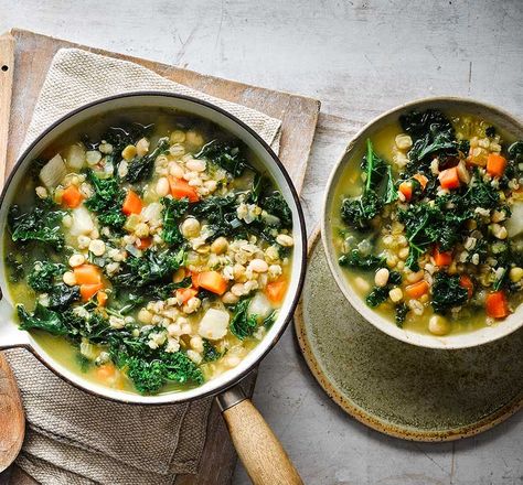 Tuck into a hearty bowl of Scotch broth soup for a healthy lunch or supper. Packed with veg and grains, serve with a hunk of crusty bread. Bean Soup With Bacon, Scotch Broth Soup, White Bean And Kale Soup, Bean And Kale Soup, White Bean And Kale, White Bean Kale Soup, Scotch Broth, Soup With Bacon, Healthy Pantry