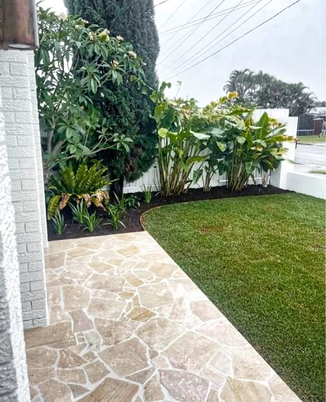 Travertine Crazy Pave, Travertine Crazy Paving, Crazy Pavers Patio, Corner Garden Seating, Crazy Pavers, Beach Courtyard, Crazy Pave, Travertine Outdoor, Outdoor Pavers