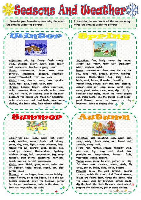 Seasons And Weather - English ESL Worksheets for distance learning and physical classrooms English Meals, Seasons Lessons, Seasons And Weather, Seasons Worksheets, Weather Worksheets, Weather Vocabulary, English Teaching Materials, English Teaching Resources, Teaching English Grammar