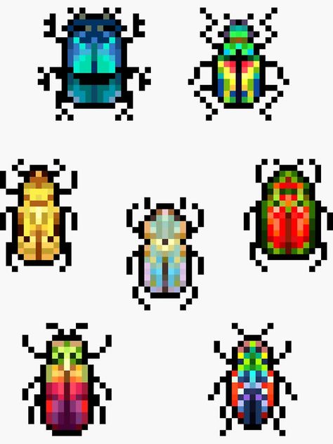 "Mini Pixel Beetles - Set of 7" Sticker by pixelatedcowboy | Redbubble Pixel Simple Art, Pixel Beetle, Bug Pixel Art Grid, Bug Perler Bead Patterns, Bug Pixel Art, Moth Pixel Art, Pixel Art Butterfly, Pixel Art Plants, Butterfly Pixel Art