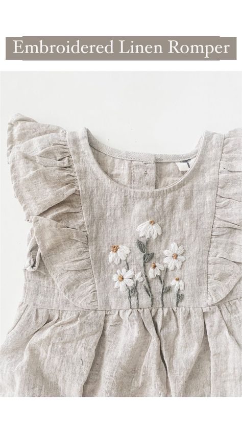 Sarah - DIY Embroidery Kits & Patterns | Embroidered this linen romper using my “little daisies” pattern. This is a pattern I used in a little embroidery hoop, but I printed the… | Instagram Robe Embroidery Ideas, Dress Embroidery Ideas, Embroidered Baby Clothes, Princess Embroidery, Baby Dress Embroidery, Snitches Get Stitches, Diy Embroidery Kit, Linen Romper, Girly Dresses