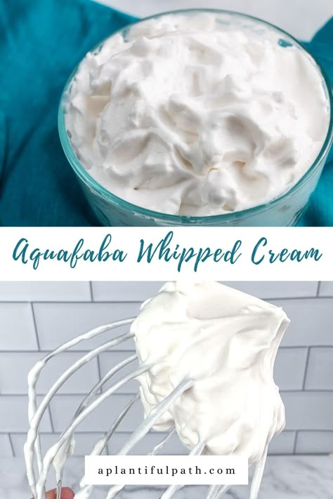 This Aquafaba Whipped Cream is fluffy and sweet, and a great oil free topping for your desserts! It's a fast, gluten-free, soy-free, fat free, and dairy free vegan whipped cream alternative made by whipping the liquid from canned beans. Aquafaba Whipped Cream, Vegan Cool Whip, Vegan Valentines, Vegan Strawberry Shortcake, Aquafaba Recipes, Dairy Free Whipped Cream, Oil Free Vegan Recipes, Vegan Whipped Cream, Vegan Party Food