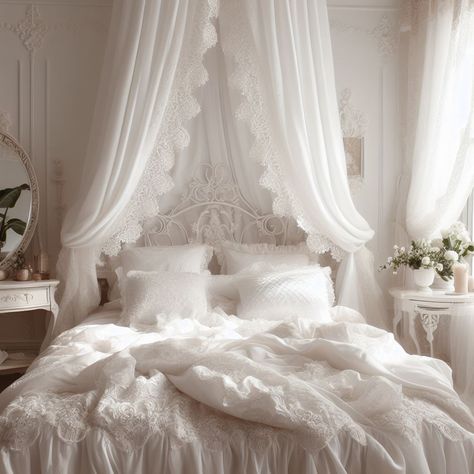 White Princess Room Aesthetic, White Coquette Bedroom, White Academia Bedroom, White Victorian Bedroom, White Bed Canopy, Lace Bedroom, White And Beige Bedroom, Academia Bedroom, Victorian Room