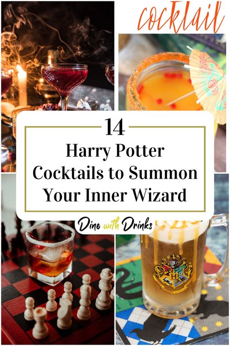 Collage of 4 harry potter cocktails. Harry Potter Party Cocktails, Golden Snitch Drink, Essen, Harry Potter Firewhiskey, Harry Potter Alcoholic Drinks Recipes, Harry Potter Themed Alcoholic Drinks, Easy Harry Potter Cocktails, Fire Whiskey Harry Potter, Harry Potter Themed Drinks Cocktails