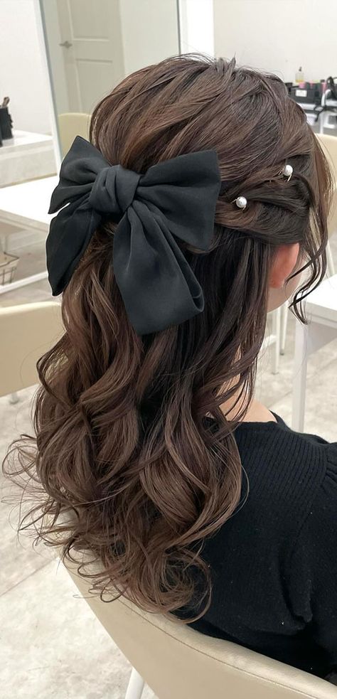 half up half down with bow, easy half up with bow, easy bun hairstyle with bow, bow hairstyles, bubble braid with bow, bun with bow cute hairstyle, coquette hairstyle, bubble ponytail with bow, everyday hairstyle, ponytail with bow Half Bun Hairstyle, Bow Hairstyles, Half Bun Hairstyles, Concert Hairstyles, Half Up Half Down Hair Prom, Prom Hairstyles For Short Hair, Ribbon Hairstyle, Easy Hairstyles For Medium Hair, Trendy Hairstyle