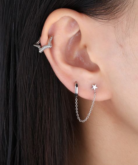 ❣️Enjoy 60% OFF ✨ Sparkling star hoop and cool chain - an irresistible, galactic-inspired duo. 💫 #oumojewelry #earpiercing #earstyling #earrings Ear Piercings Gold, Piercings Gold, Ear Styling, Second Ear Piercing, Ear Style, Chain Earring, Purple Gems, Heart Hoop Earrings, Hollow Heart