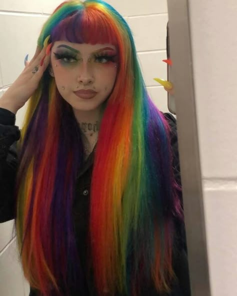 Rainbow Hair With Bangs, Purple And Rainbow Hair, Long Rainbow Hair, Dyed Mohawk, Black And Rainbow Hair, Rainbow Hair Aesthetic, Creative Hair Dye, Cool Hair Colours, Rainbow Hair Dye