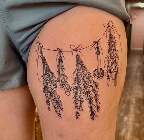 Tattoo Ideas Female Cottage Core, Witch Garden Tattoo, Matching Above Knee Tattoo, Bundle Of Herbs Tattoo, Hanging Herbs Tattoo, Tattoos For Gardeners, Cottagecore Chest Tattoo, Herbalism Tattoo, Herb Tattoo Ideas