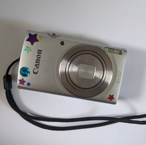 Vintage Canon Camera Aesthetic, Canon Mini Camera, Aesthetic Canon Camera, Canon Aesthetic Camera, Old Canon Camera, Digital Camera Aesthetic Stickers, Small Camera Aesthetic, Stickers On Camera Aesthetic, Camera With Stickers Aesthetic