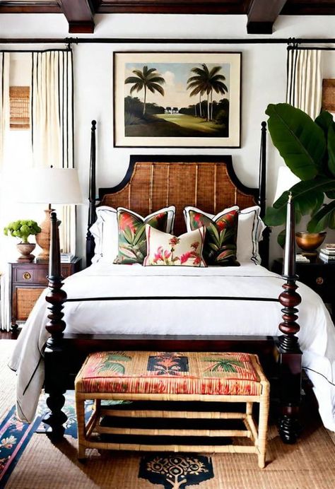 Contemporary British Colonial Decor, British Colonial Decor Bathroom, Colonial Bedroom Ideas, Tiki Bedroom, British Colonial Style Bedroom, Colonial Apartment, Bayou Cottage, British West Indies Decor, Primary Bedroom Decor