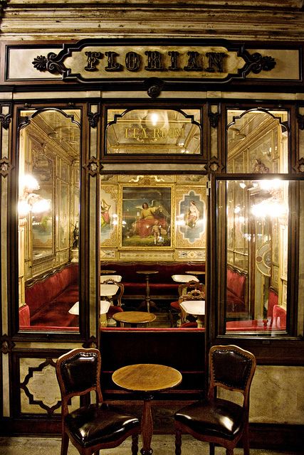 A must visit! Cafe Florian, Venice Italy. The city's oldest cafe...1645. It is as much a museum as a great spot to sip a cup of coffee, listen to live music well into the night and enjoy the Mark's Square...Loved it!  But we had Bellinis instead of coffee! Florian Venice, Caffe Florian, Design Café, Modern Restaurant, Gdansk, Restaurant Interior Design, Venice Italy, Oh The Places Youll Go, Cafe Restaurant