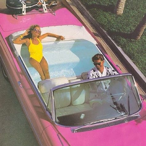 Hot Tub Time Machine, Yellow One Piece, Pink Cadillac, Retro Looks, New Retro Wave, 80s Vibes, Miami Vice, Pink Car, Outfit Look