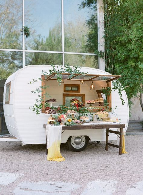 hayleigh corey wedding donuts trailer Foodtrucks Ideas, Wedding Bucket, Food Truck Wedding, Wedding Food Stations, Bohemian Wedding Decorations, Flower Truck, Boho Chic Wedding, Bohemian Colors, Brunch Wedding