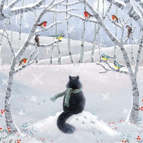 Festive Friends artist: Laura Watkins Let It Snow Book, Cat In The Snow, Charity Christmas Cards, Watercolour Ideas, Winter Cat, Cat Cushion, Bantal Sofa, Snow Scenes, Decorative Throw Pillow Covers