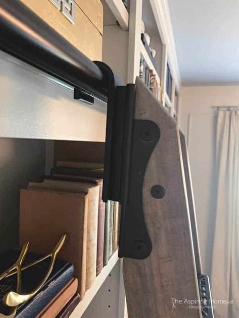 Diy Bookcase Ladder, Diy Library Ladder, Hemnes Bookcase, Library Nook, Ladder Hooks, Agreeable Gray Sherwin Williams, Rolling Ladder, Diy Ladder, Library Ladder