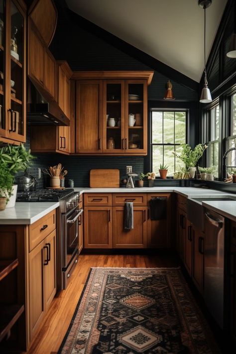 Texas Interior Design Modern, Dark Wood Kitchen Inspiration, Aesthetic Home Design Ideas, Light Wood Dark Walls, Dark Academia Modern House, Vintage Farmhouse Style Kitchen, Earthy Goth Aesthetic Home, Vintage Moody Kitchen, Sultry Kitchen