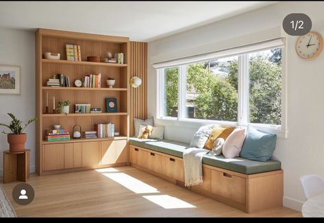 Sunroom Bench Seating Storage, Window Seat Low Window, Built In Bench Seating Living Room, Under Window Decor Living Room, Reading Bench Window, Mid Century Tv Wall, Under Window Bench, Cozy Floor Seating, Nook Seating