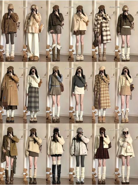 Brown Navy Outfit, Brown Korean Outfit, Asian Fall Outfits, Brown Skirt Outfit Aesthetic, Beige And Brown Outfit Ideas, Japan Outfit Ideas Spring, Brown And Beige Outfit, Autumn Outfits In Korea, Korean Winter Outfits