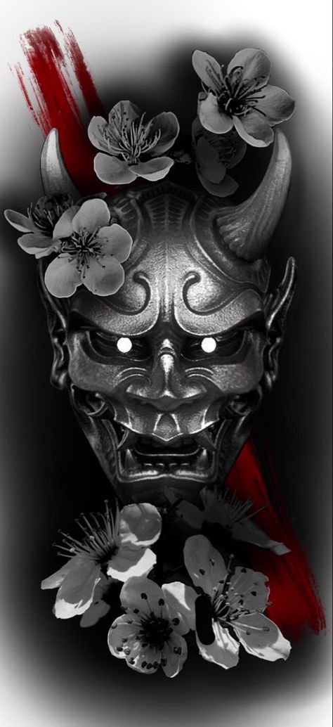 Black Hanya Mask Tattoo, Hannah Mask Tattoo Design, Japanese Mask Back Tattoo, Chinese Samurai Tattoo, Omni Mask Japanese Tattoo, Hannya Mask Back Tattoo, Hanya Mask Back Tattoo, Black Oni Mask Tattoo, Evil Japanese Tattoo