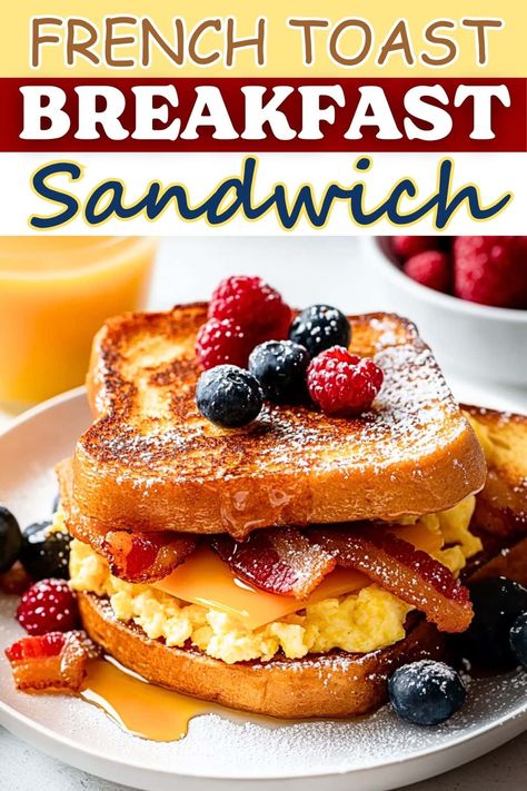 This French toast breakfast sandwich is a dreamy combination of cinnamon-kissed French toast, fluffy scrambled eggs, crispy bacon, and melty cheddar cheese. French Toast Egg Sandwich, French Toast Sandwich Breakfast, Gourmet Toast, French Toast Sandwich, Egg Sandwich Breakfast, Country Breakfast, Fluffy Scrambled Eggs, Christmas Breakfast Recipe, Croissant Breakfast