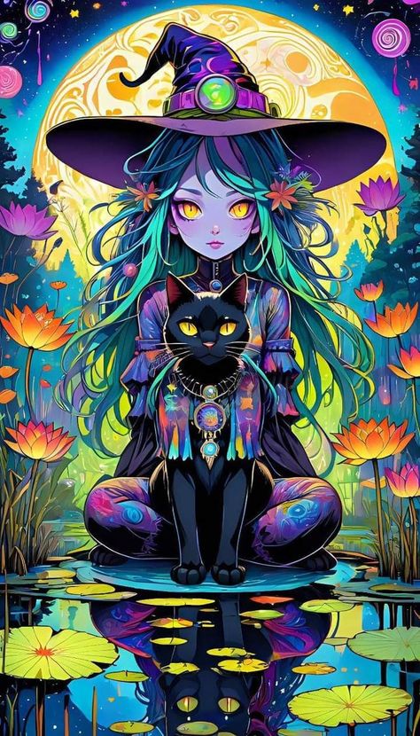 Helloween Wallpaper, Witch Drawing, Water Witch, Fairy Art Dolls, Art Mignon, Gothic Fantasy Art, Witchy Wallpaper, Black Cat Art, Witch Art