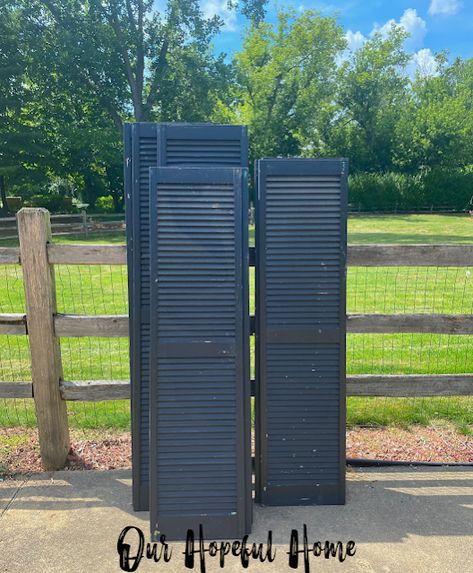 I was thrilled that I got to use these vintage house shutters in my repurposing project. Shutters As Privacy Screen, Old Shutters Decor, Small Shutters, Old Closet Doors, Large Shutters, Shutter Decor, Shutter Wall, Vintage Shutters, Black Shutters