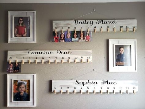 School Pictures Display Wall, School Photos Display Ideas, Decor Around Picture On Wall, Grade Picture Display, Grandkids Wall Display, Diy School Photo Display, Where To Hang School Pictures, Newborn Picture Wall Display, Display School Pictures On Wall