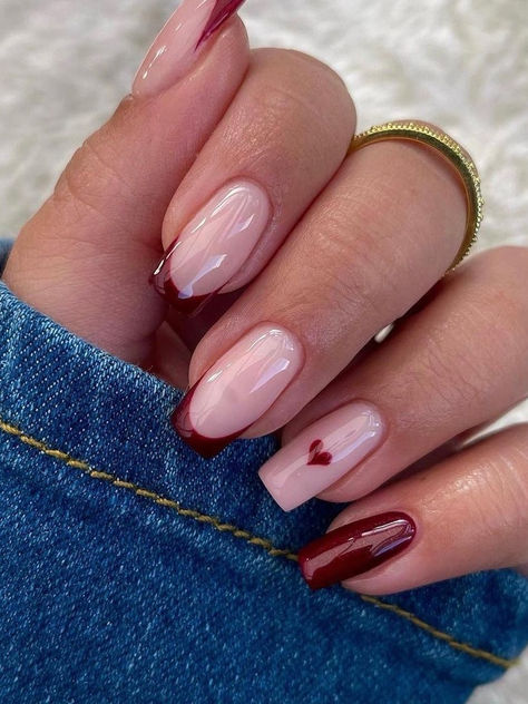 red French tip nails: burgundy with a heart Red Nails With Tips, Fall Nails Biab, Red Nail Tips Acrylic, French Nails For Fall, Red French Manicure Designs, Red Nails For Winter, Cute Fall Nails Square, Cherry Red French Tip Nails Square, French With Red Tips