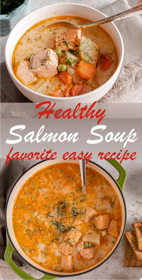 Easy Salmon Soup recipe uses simple, wholesome ingredients and makes delicious dinner. Full of flavor, rich and bursting with colors, this Salmon Soup is the ultimate healthy soup you could ask for. #souprecipes #easysoup #salmonrecipes #dinnerideas #healthyrecipes #healthysoup #salmonsoup #seafoodrecipes #cleaneating #macrofriendly #fitdiary Easy Soup Recipe, Salmon Soup, Soup Healthy, Healthy Salmon, Easy Salmon, Seafood Soup, Easy Soup, Delicious Soup Recipes, Salmon Dishes