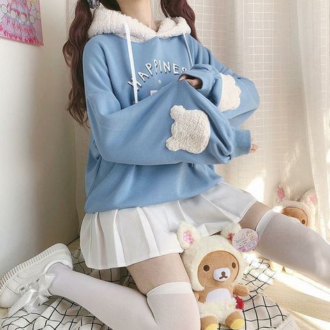 Blue Kawaii Outfit Ideas, Kawaii Hoodie Outfit, Korean Kawaii Outfits, Cute Pastel Blue Outfits, Kawaii Outfits Blue, Pastel Hoodie Outfit, Kawaii Outfit Ideas For School, Pastel Blue Outfit Aesthetic, Blue Kawaii Outfit