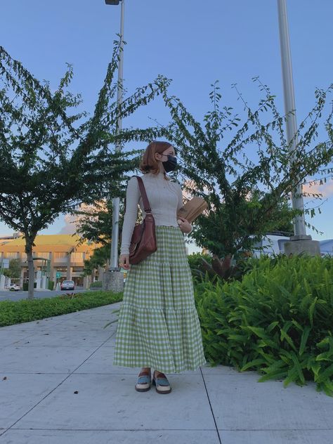 aesthetic book gingham skirt fashion clothes turtleneck loafers chic cute inspo :] Green Gingham Skirt Outfit, Long Gingham Skirt Outfit, Gingham Midi Skirt Outfit, Green Gingham Skirt, Gingham Midi Skirt, Gingham Maxi Skirt Outfit, Gingham Maxi Skirt, Gingham Outfit Aesthetic, Gingham Outfit Ideas