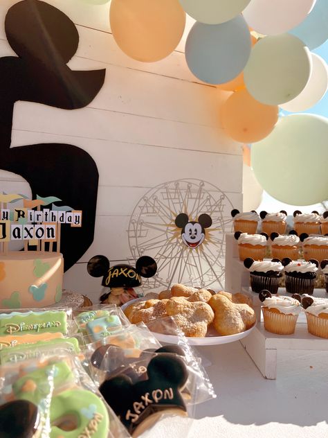 Mickey Mouse shaped beignets, cookies and cupcakes 2 Year Birthday Theme Boy Disney, Disney Party Desserts, Mickey Mouse Birthday Pastel Colors, Mickey And Minnie Birthday Party Ideas, Mickey Theme Birthday Party, Vintage Disney Party Ideas, Mickey Mouse Birthday Aesthetic, Disney Theme First Birthday Boy, Magic Kingdom Party Theme