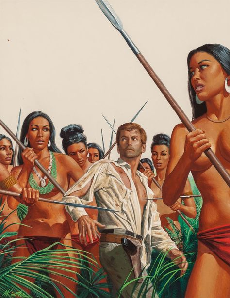 Pulp, Pulp-like, Digests, and Paperback Art, MORT KÜNSTLER (American, b. 1931). Yield to the Amazon Women,Stag magazine cover, April 1968. Gouache on board. 18.5 x ...(Total: 2 Items) Image #1 Amazons Women Warriors, Arte Pulp, Pulp Adventure, Foto Langka, Pulp Fiction Art, Pulp Covers, Pulp Magazine, Adventure Art, Pulp Art