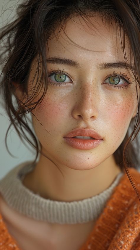 Asian Woman with Green Eyes in Natural Beauty Style Light Hair Green Eyes, Gorgeous Green Eyes, Light Gray Eyes, Asian With Green Eyes, Asian Woman Reference Face, Light Hair Dark Eyes, Green Eyes Women, Natural Asian Beauty, Gray Green Eyes