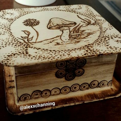 Handmade wood burned mushroom sun box Frog Pyrography, Soldier Poet King, Wood Burn Designs, Crystal Holder, Witchy Crafts, Wood Burning Crafts, Crystal Box, Wooden Jewelry Box, Wood Burning Patterns