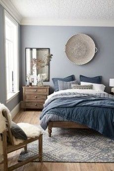 Colour Blocking For Your Interiors - Chloe Dominik Color Bedding, Bedroom Color Schemes, Gray Bedroom, Trendy Bedroom, Bedroom Paint, Bedroom Designs, Blue Bedroom, Master Bedrooms Decor, Blue Walls