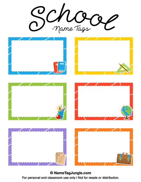 Free printable school name tags. The template can also be used for creating items like labels and place cards. Download the PDF at http://nametagjungle.com/name-tag/school/ Name Tags For School, School Name Tag, School Name Tags, School Labels Printables, Labels Ideas, Tag Template Free, Peraturan Kelas, Notebook Labels, Student Name Tags