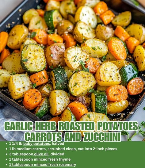 Roasted Potatoes Squash Zucchini, Zucchini Side Recipes Easy, Quick Dinner Ideas Potatoes, Roasted Zucchini And Potatoes, Zucchini And Potatoes Recipes, Garlic Herb Roasted Vegetables, Garlic Herb Roasted Potatoes And Carrots, Roasted Potatoes And Zucchini In Oven, Garlic Herb Roasted Potatoes Carrots And Zucchini Recipe