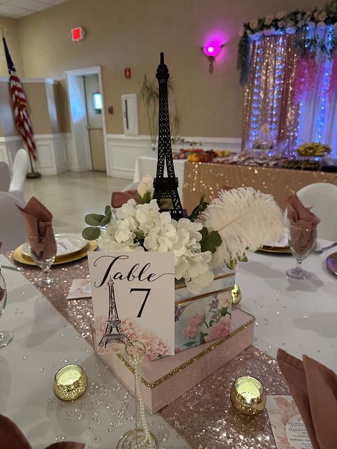 Quinceanera Paris Theme, Paris Theme Gala, Paris Tea Party Theme, Travel Theme Centerpiece Ideas, Paris Decorations Party, Paris Centerpiece Ideas, Pearl Table Centerpieces, Paris Nye, Paris Theme Centerpieces