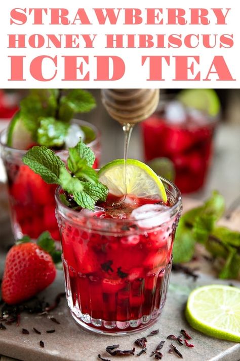 Strawberry Honey Hibiscus Iced Tea. Wildly popular thanks to unique health benefits and appearance in Starbucks shops all over the world, this Strawberry Honey Hibiscus Iced Tea is sweet, energizing, and beautiful via @theforkedspoon #icedtea #sweettea #hibiscus #honeytea #summer #beverages #rearecipe #icedtearecipe #easyrecipe | For this recipe and more visit, https://www.theforkedspoon.com Fresco, Lemon Chicken, Hibiscus Iced Tea, Strawberry Honey, Summer Beverages, Iced Tea Recipes, Honey Tea, Hibiscus Tea, Family Meal