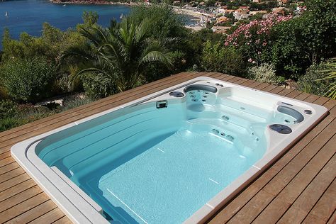 Best Swim Spas 2019 | Top Ten Reviews Indoor Swim Spa, Swim Spa Deck, Swim Spa Landscaping, Outdoor Swim Spa, Spa Landscaping, Backyard Spa, Swim Spas, Endless Pool, Small Pool Design