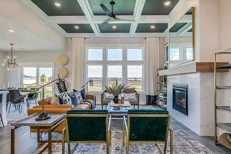 Living room with green and white painted coffered ceiling large fireplace Green Coffered Ceiling, Coffered Ceiling Kitchen, Coffered Ceiling Family Room, Low Ceiling Attic Bedroom, Coffered Ceiling Ideas, Coffered Ceiling Design, Large Fireplace, Stained Trim, Classy Living Room