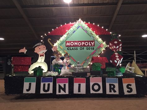 Junior Homecoming Float Gridley High School Monopoly Board Game Theme Monopoly Hoco Theme, School Events Ideas High School, High School Parade Floats Homecoming, Class Parade Float Ideas, Board Game Spirit Week Ideas, Float Building Homecoming, High School Homecoming Themes, Monopoly Themed Party, Monopoly Float Ideas