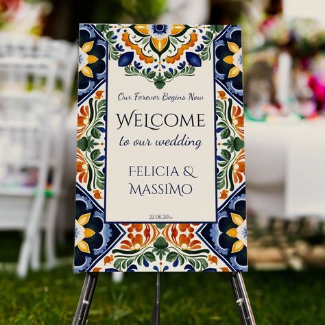 Talavera vintage Mexican wedding welcome sign Template Portuguese Tile Wedding, Portuguese Wedding Decor, Mexican Hacienda Wedding, Tiles Mediterranean, Mexican Style Wedding, Mexican Party Invitation, Mexican Wedding Decorations, Talavera Wedding, Vintage Mexican Wedding