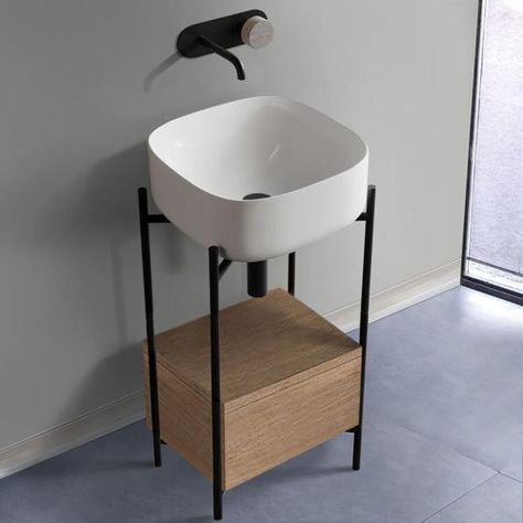 Small Console Sink Vanity With Ceramic Sink and Natural Brown Oak Drawer Vanity For Powder Room, Stacked Laundry, Black Towel Bar, Buy Bathroom Vanity, Bathroom Upstairs, Black Toilet Paper Holder, Black Toilet Paper, Wall Faucet, Small Bathroom Sinks